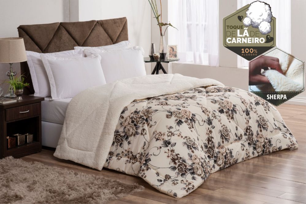 Edredom Confort Queen Dupla Face Sherpa Toque Lã Carneiro - Bege