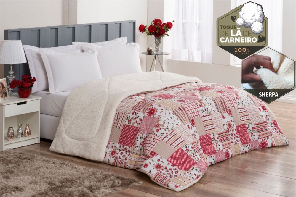 Edredom Confort Queen Dupla Face Sherpa Toque Lã Carneiro - Vermelho