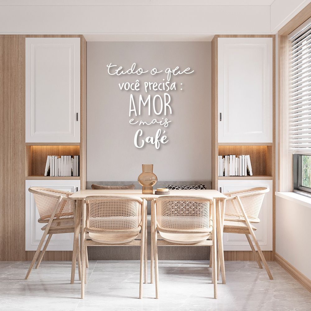 Frase de Parede em Relevo Amor e Café 60x59 Branco