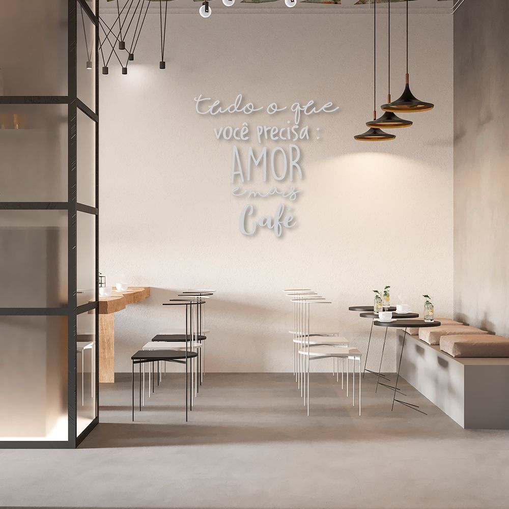 Frase de Parede em Relevo Amor e Café 80x78 Cinza