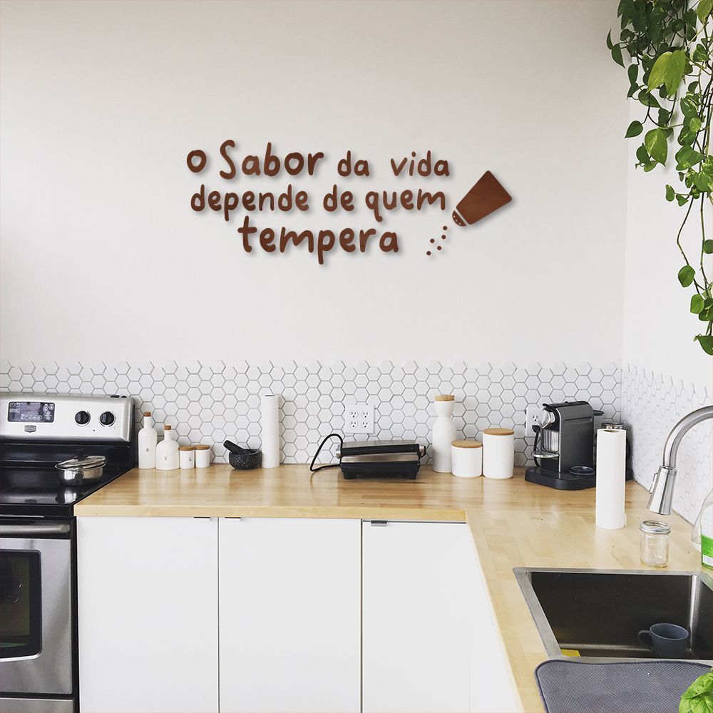 Frase de Parede em Relevo Cozinha Sabor da Vida 80x29 Marrom