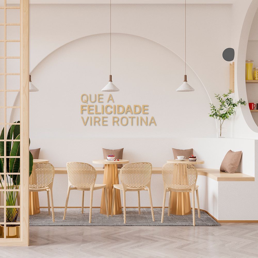 Frase de Parede em Relevo Felicidade Vire Rotina 60x25 Areia