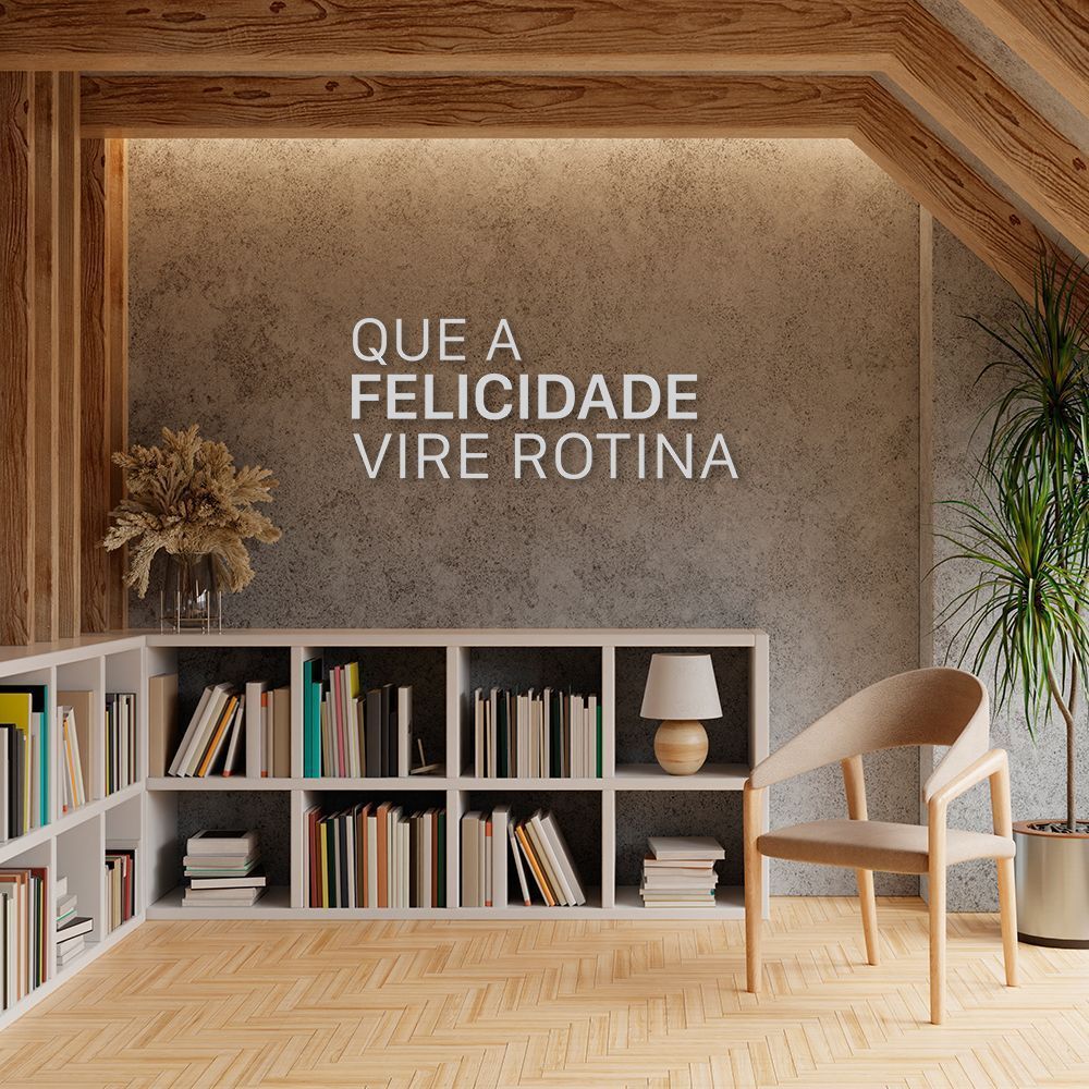 Frase de Parede em Relevo Felicidade Vire Rotina 80x33 Cinza