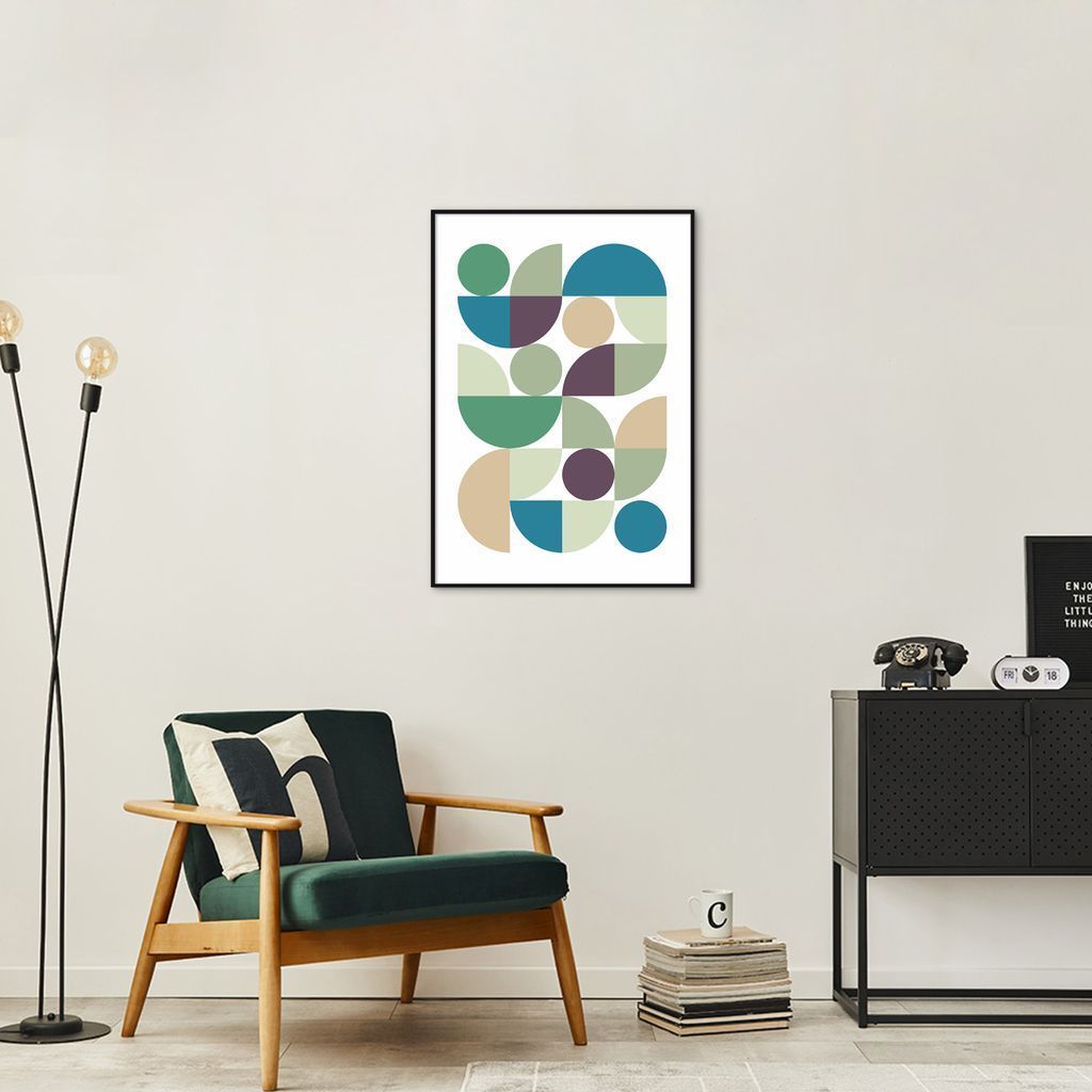 Quadro Abstrato Bauhaus Cores Frias 43x30 Filete Preto