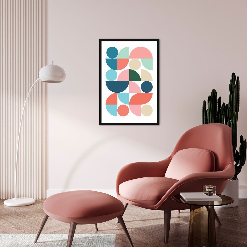Quadro Abstrato Bauhaus Cores Quentes 60x43 Caixa Preto