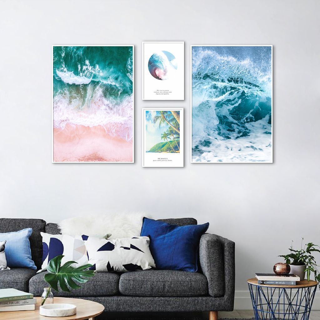 Quadro Amantes de Mar e Praia( 2 Pecas + 2 Pecas ) 162x91 2-86x60+2-43x30 Filete Branco