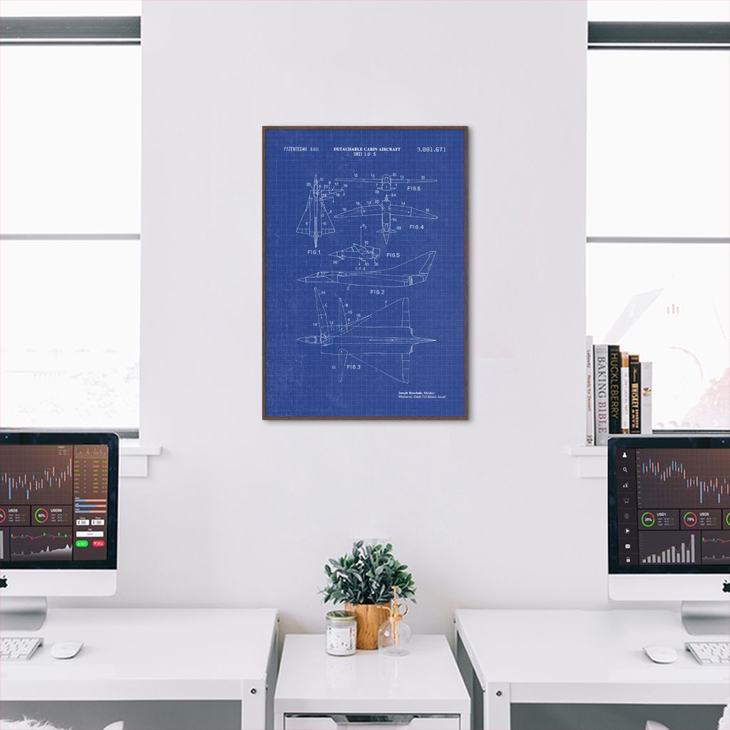 Quadro BluePrint Avião de Caça Azul 60x43 Filete Marrom Azul