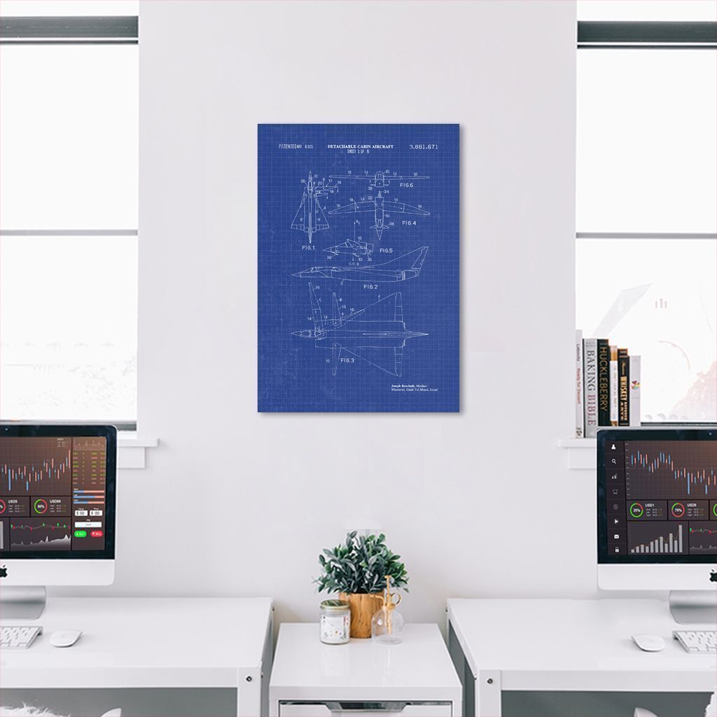 Quadro BluePrint Avião de Caça Azul 60x43 Sem Moldura Azul