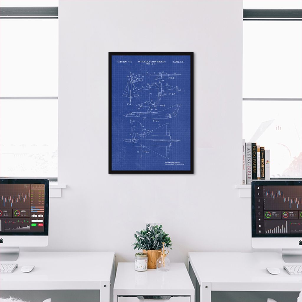 Quadro BluePrint Avião de Caça Azul 86x60 Caixa Preto Azul