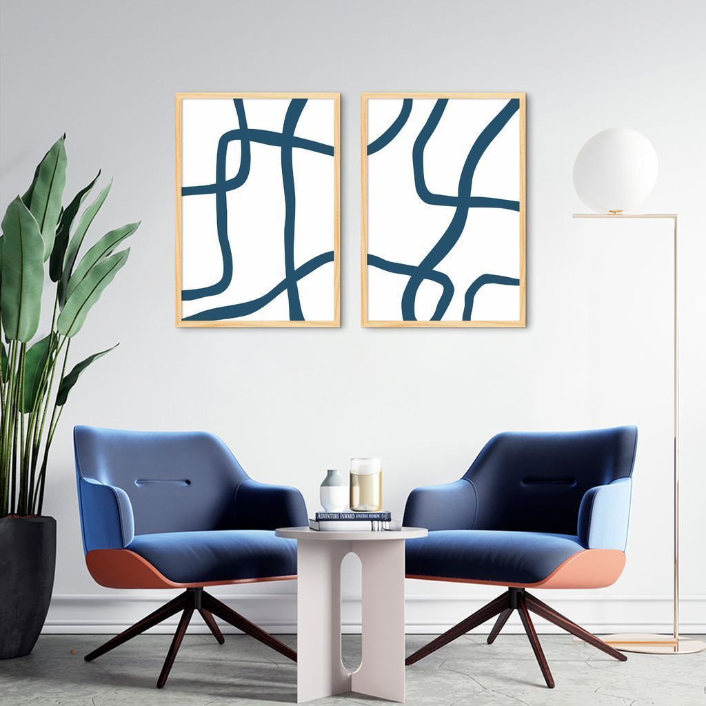 Quadro Boho Linhas Abst Azuis 142x100 2-100x70 Caixa Marfim