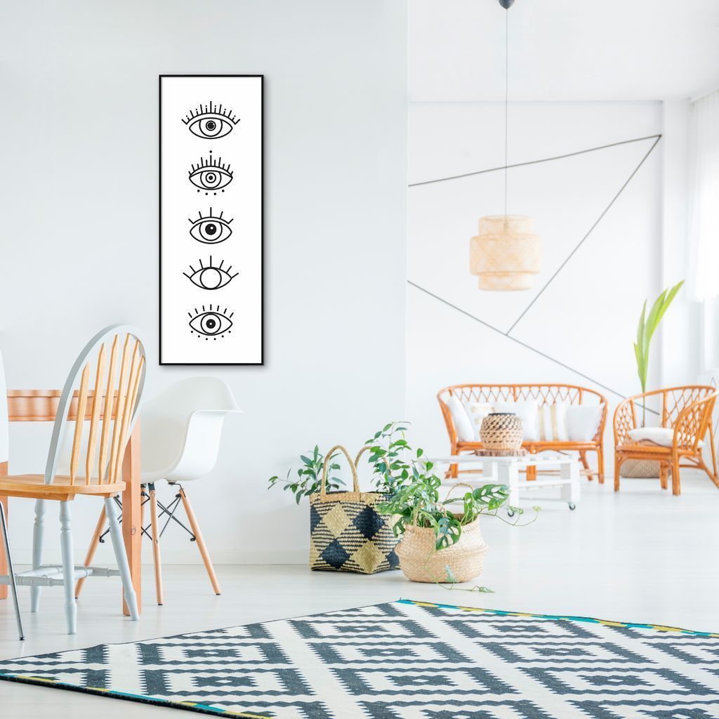 Quadro Boho Olhos Místicos 120x43 Filete Preto Branco