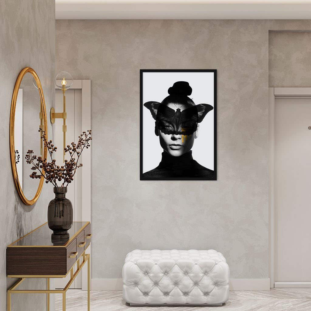 Quadro Butterfly Woman Tinta 43x30 Caixa Preto
