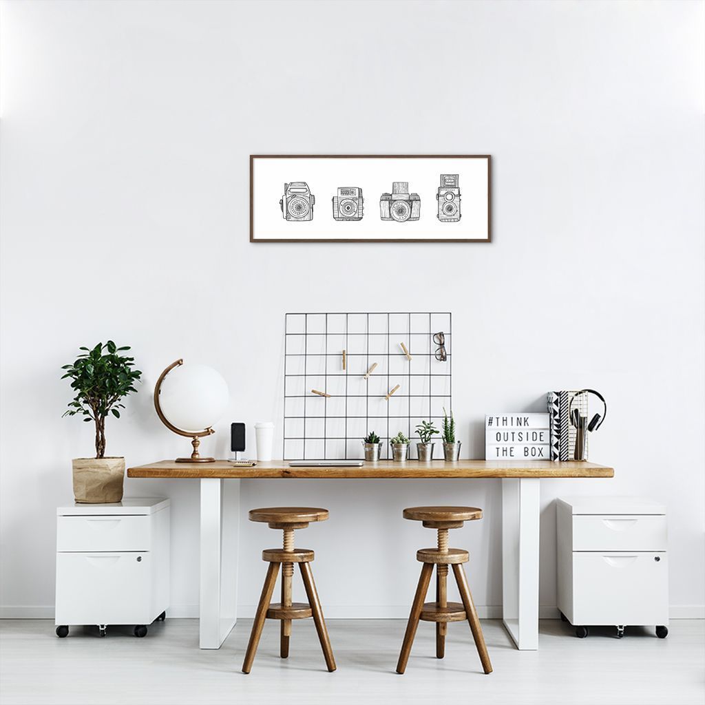 Quadro Câmeras Vintage Drawn Art 5 60x21 Caixa Marrom