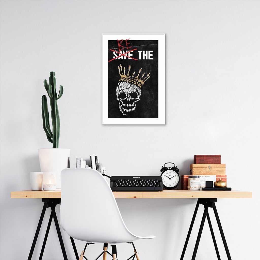 Quadro Caveira Frase Be the King 86x60 Filete Branco