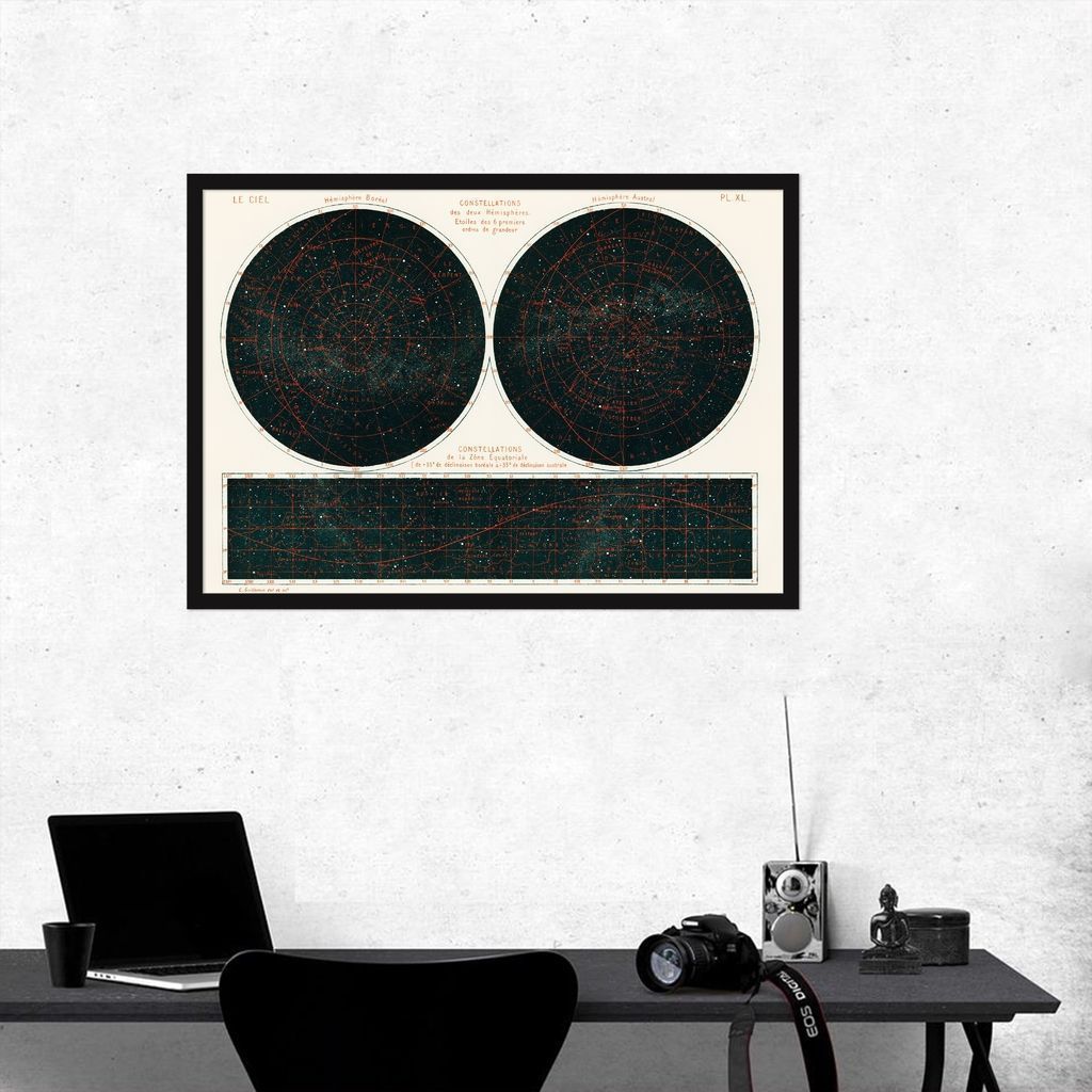 Quadro Constelações 2 Hemisferios 1877 43x30 Caixa Preto