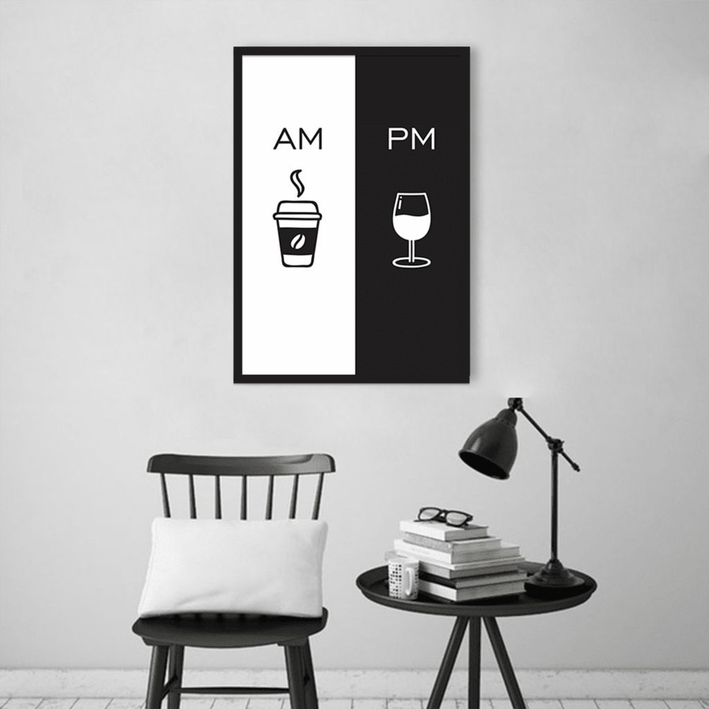 Quadro Cozinha AM PM - Café e Vinho 100x70 Caixa Preto