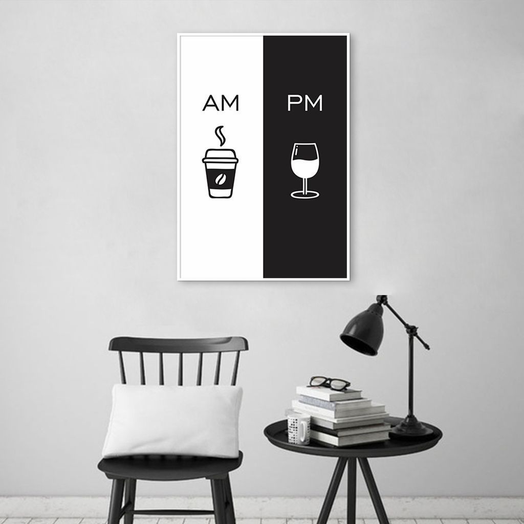 Quadro Cozinha AM PM - Café e Vinho 100x70 Filete Branco