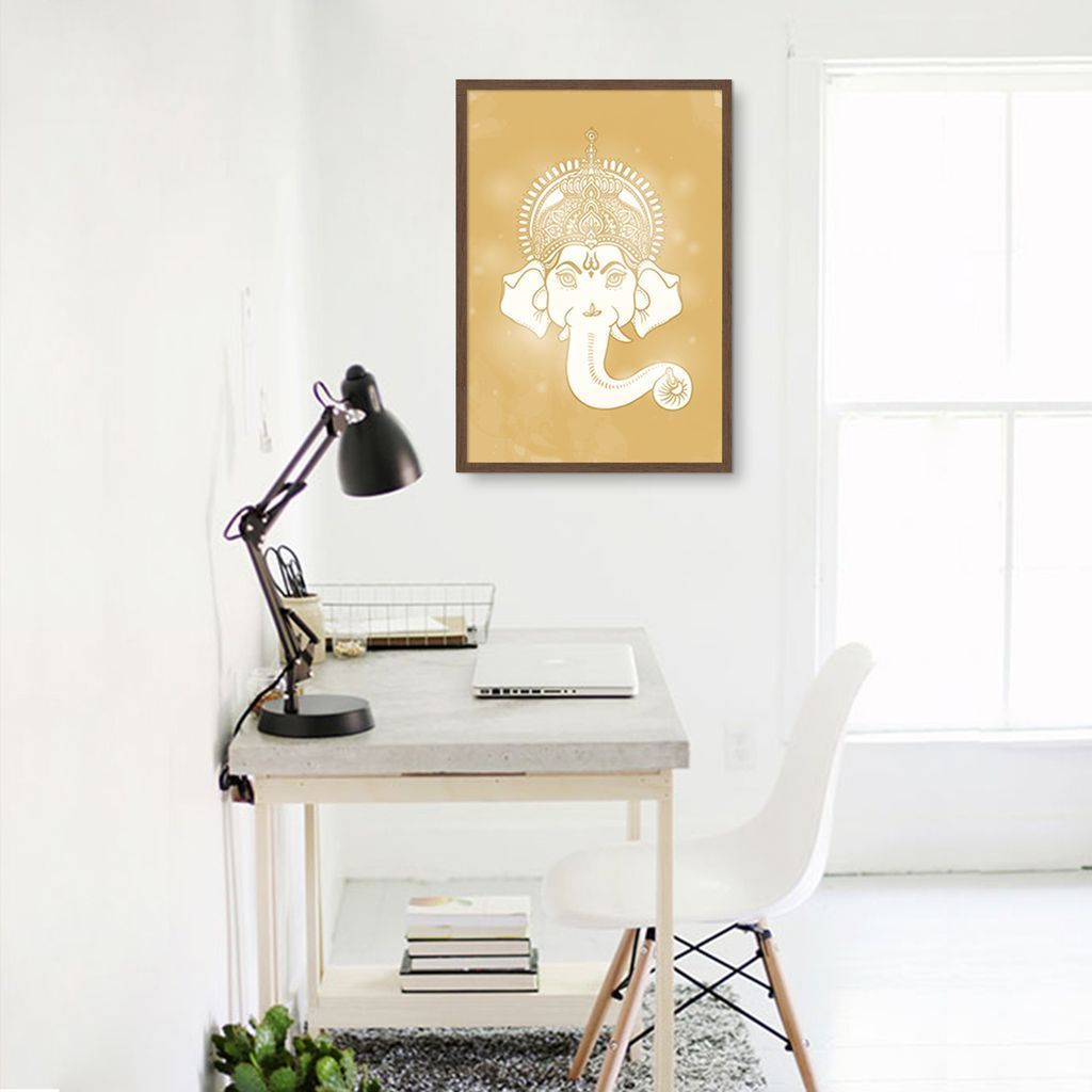 Quadro Deusa Ganesha Amarelo 60x43 Caixa Marrom