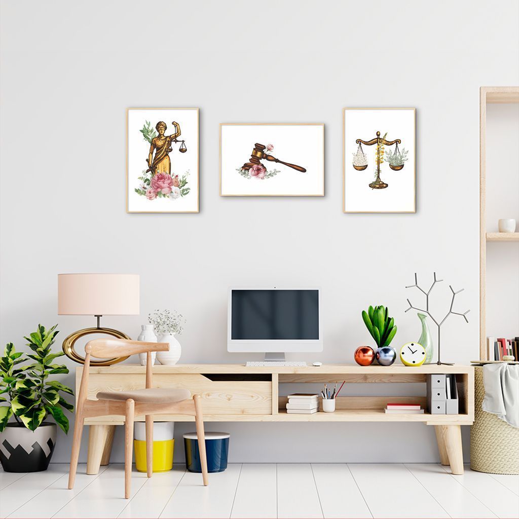 Quadro Deusa Martelo e Balança 169x60 3-60x43 Filete Marfim