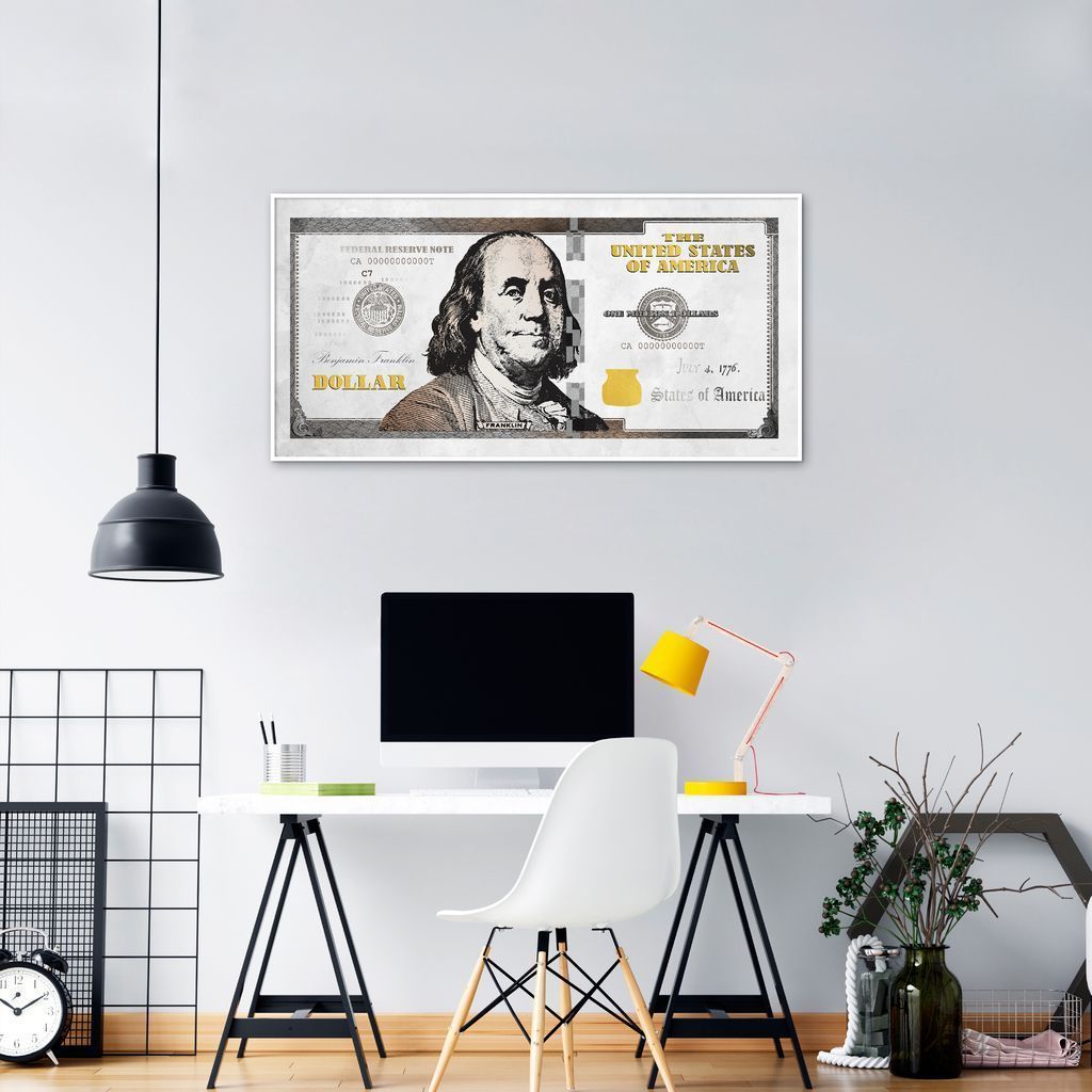 Quadro Dinheiro Nota Dólar 60x30 Filete Branco