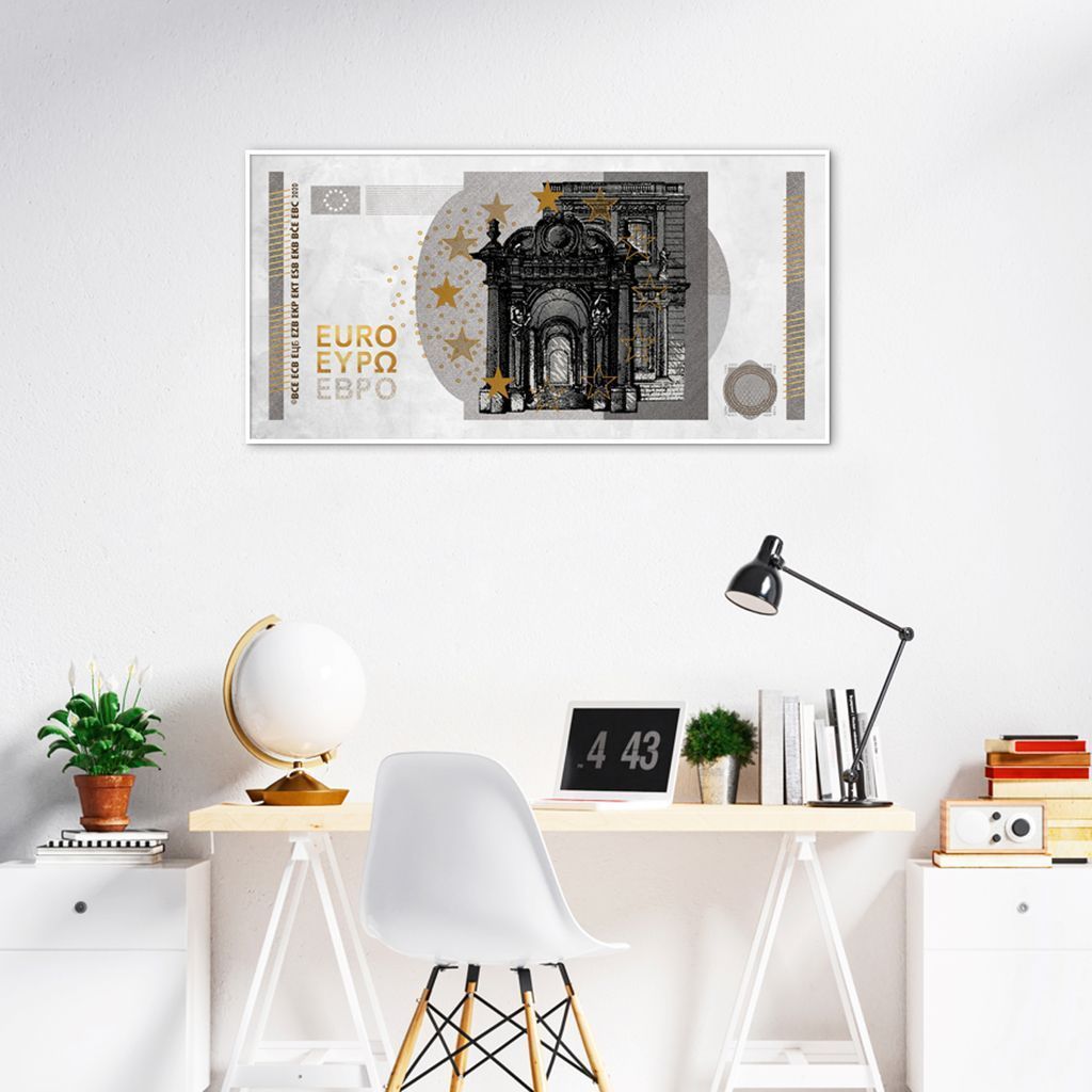 Quadro Dinheiro Nota Euro 60x30 Filete Branco