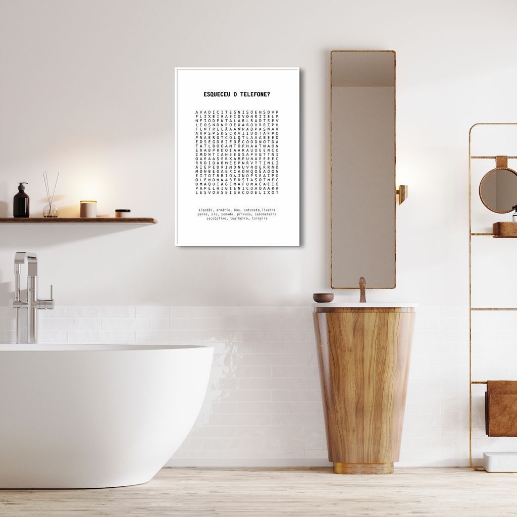 Quadro Divertido Lavabo Caça Palavras 100x70 Filete Branco