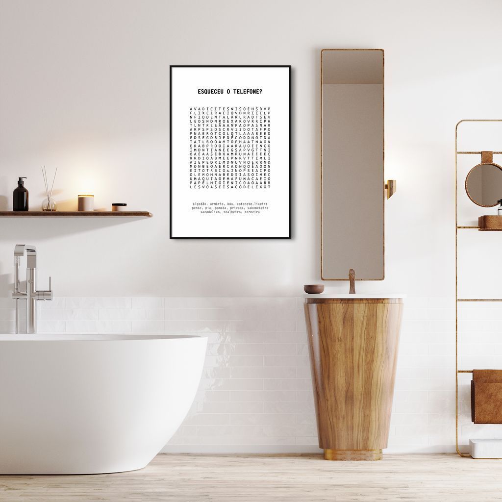 Quadro Divertido Lavabo Caça Palavras 100x70 Filete Preto