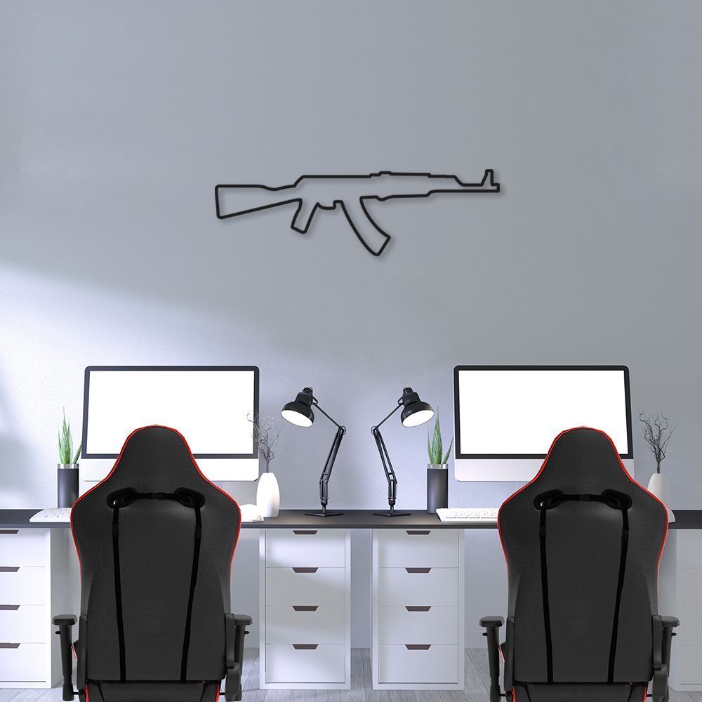 Quadro Escultura Arma AK47 100x30 Preto