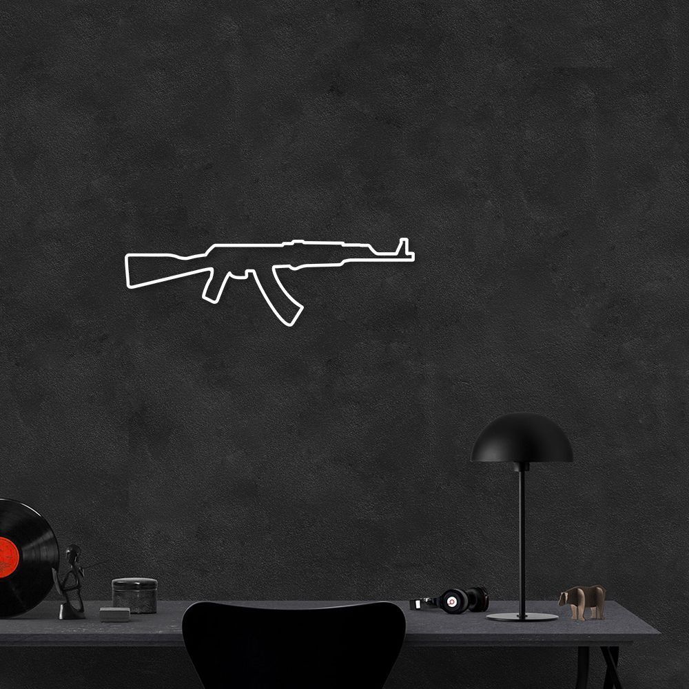 Quadro Escultura Arma AK47 150x45 Branco