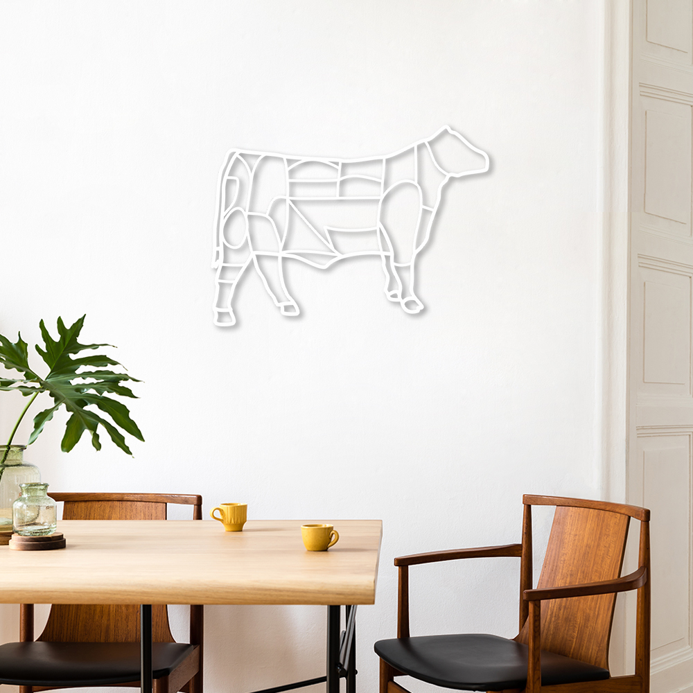 Quadro Escultura Boi Cortes de Carne Bovina 120x86 Branco