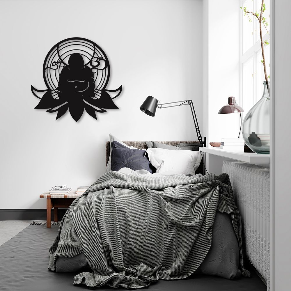 Quadro Escultura Buda Gordinho Medita Om Lotus 90x83 Preto