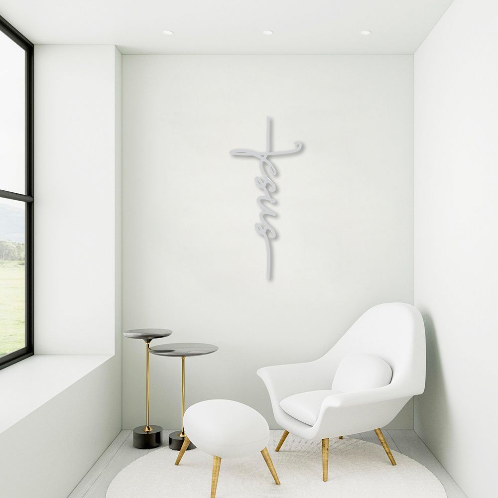 Quadro Escultura Cruz de Jesus Frase 60x27 Cinza
