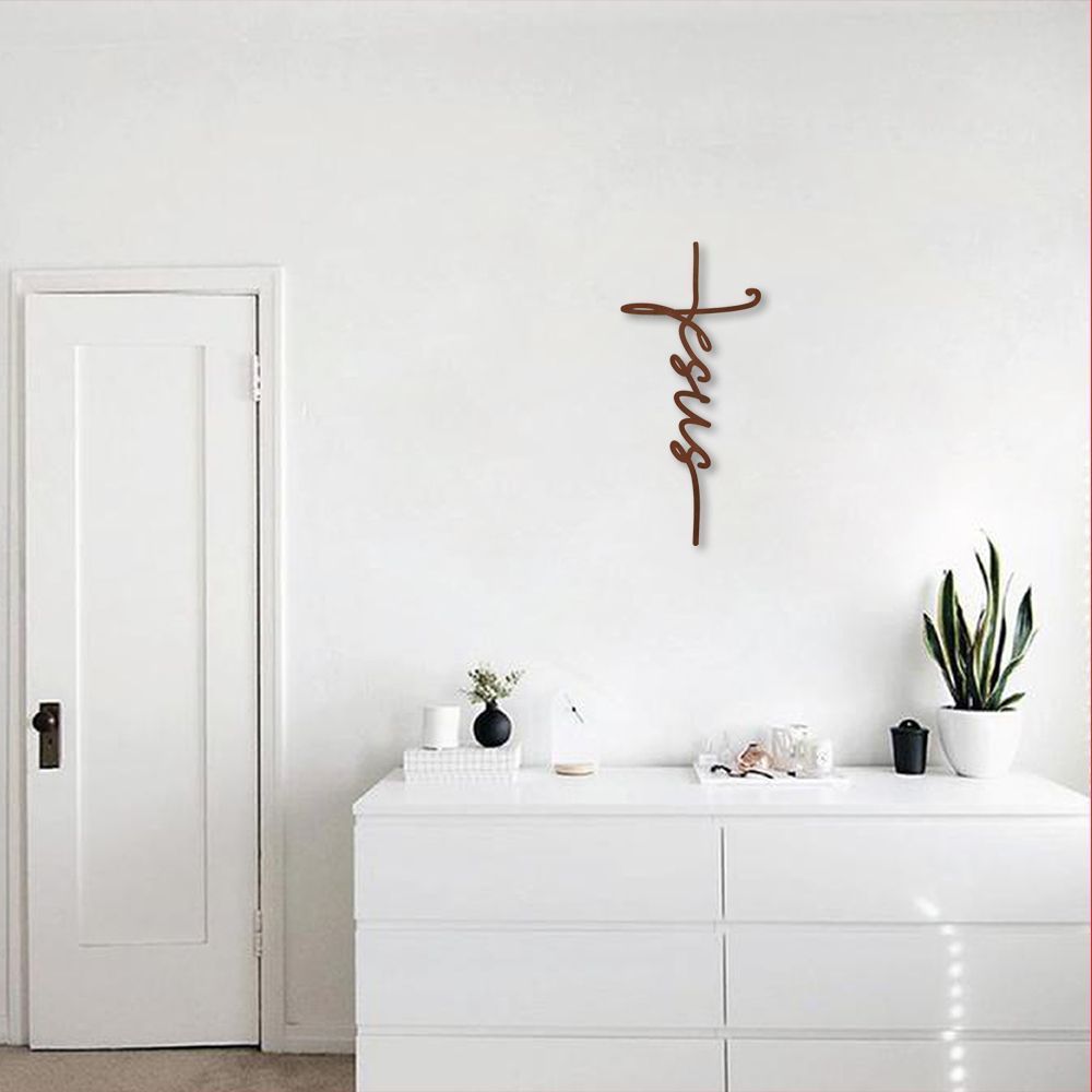 Quadro Escultura Cruz de Jesus Frase 60x27 Marrom