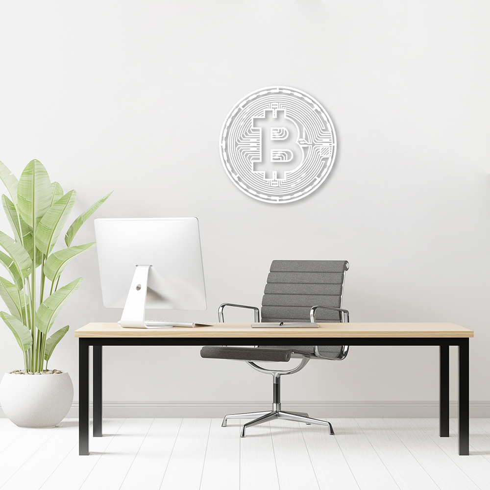 Quadro Escultura Crypto Bitcoin 60x60 Branco