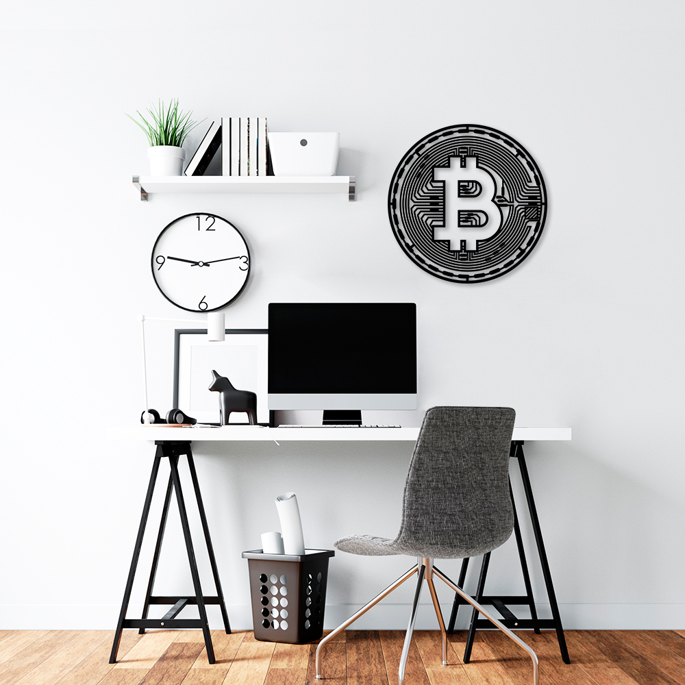 Quadro Escultura Crypto Bitcoin 90x90 Preto