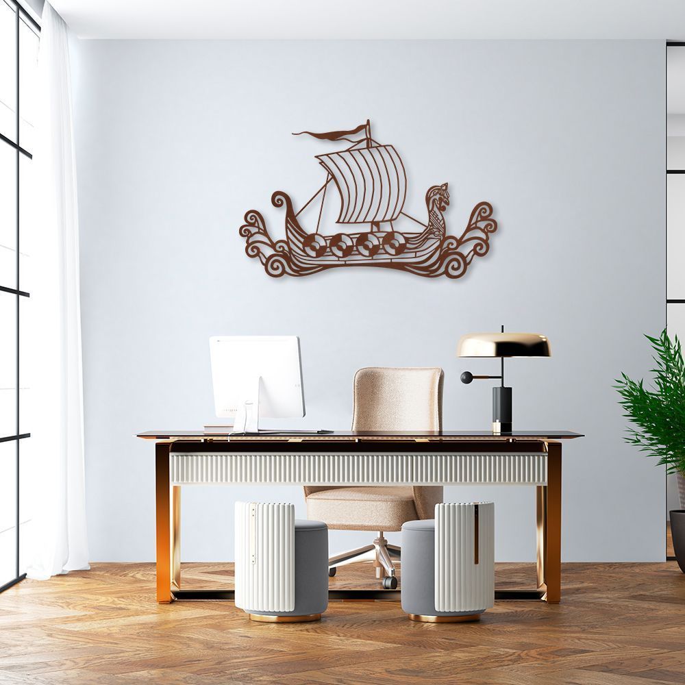 Quadro Escultura Drakkar Viking 100x62 Marrom