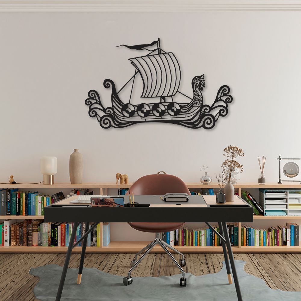 Quadro Escultura Drakkar Viking 80x49 Preto