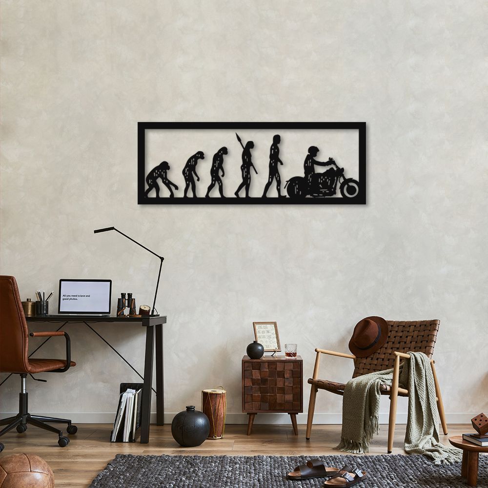 Quadro Escultura Evolução Humana Motoqueiro 120x44 Preto