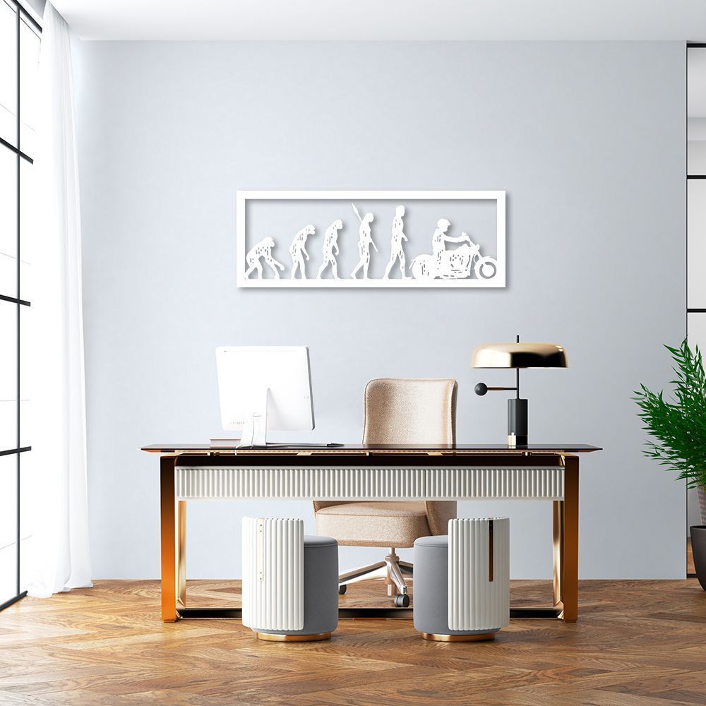 Quadro Escultura Evolução Humana Motoqueiro 80x28 Branco