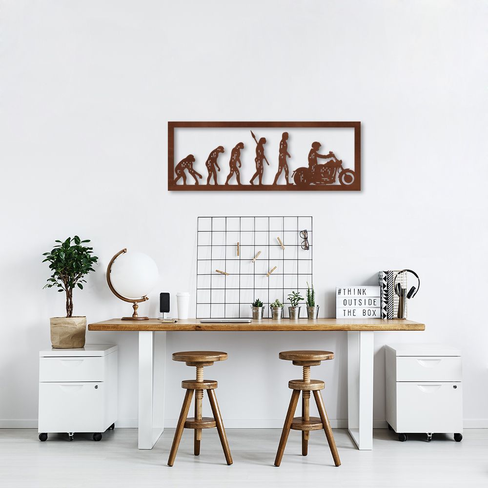 Quadro Escultura Evolução Humana Motoqueiro 80x28 Marrom