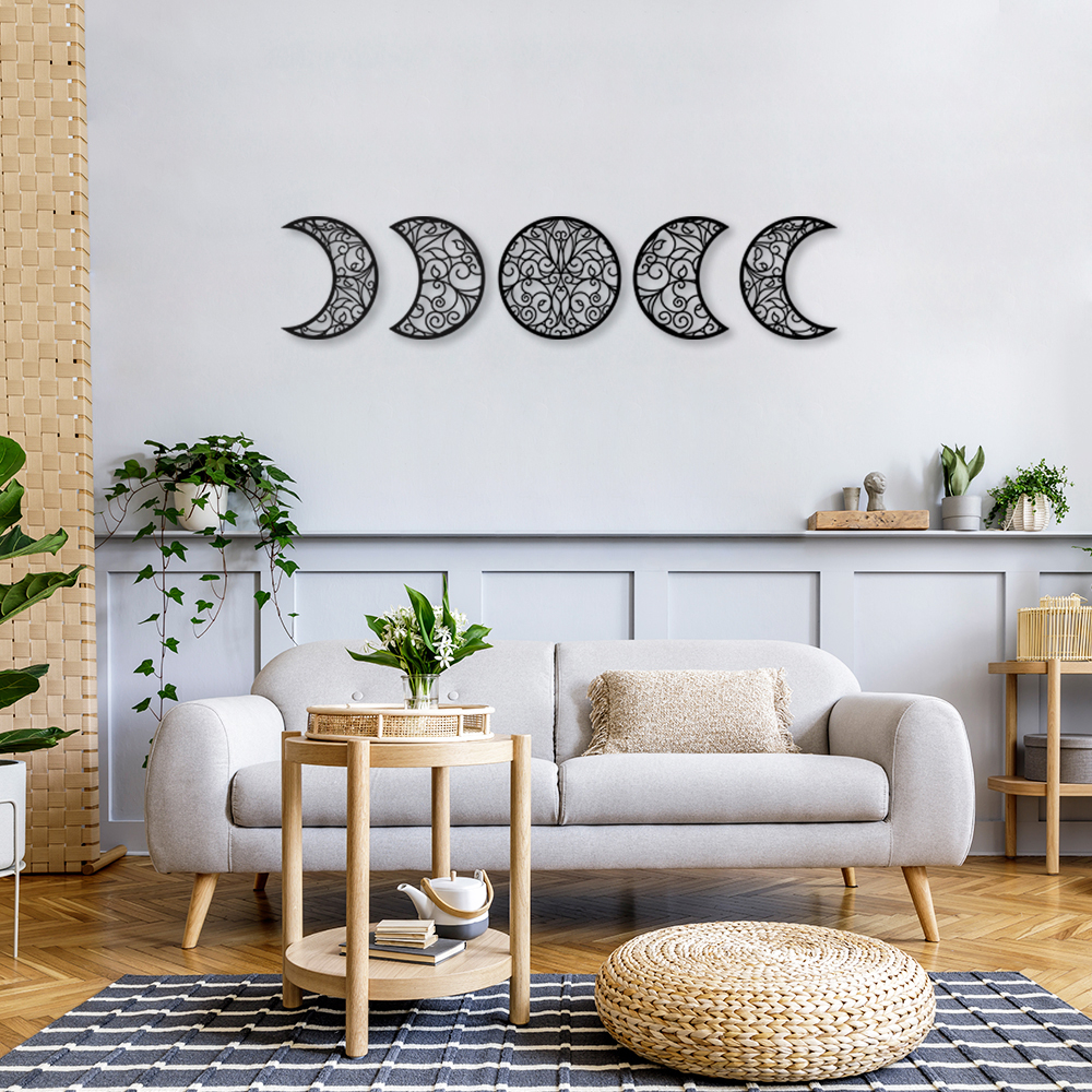 Quadro Escultura Fases da Lua Boho Arabesco 60x271 Preto