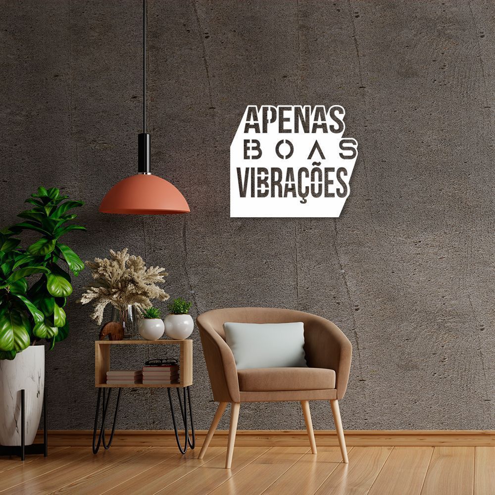 Quadro Escultura Frase Boas Vibrações 60x52 Branco