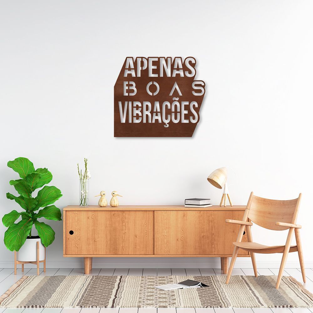 Quadro Escultura Frase Boas Vibrações 80x69 Marrom