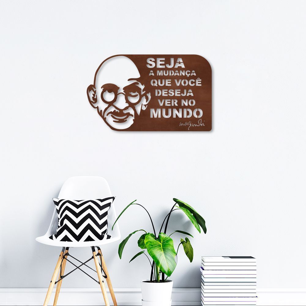 Quadro Escultura Frase Gandhi Seja a Mudança 80x48 Marrom