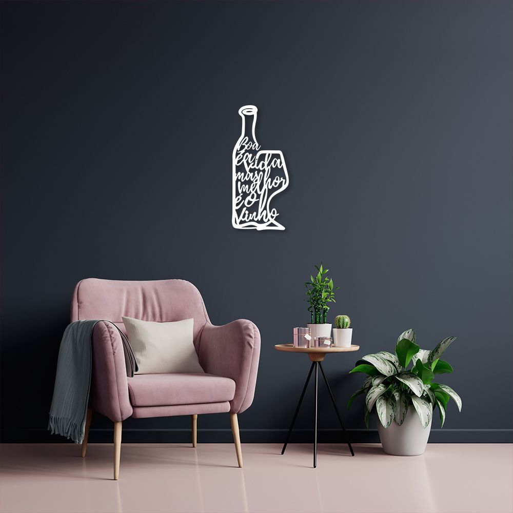Quadro Escultura Garrafa e Taça de Vinho Frase 100x45 Branco