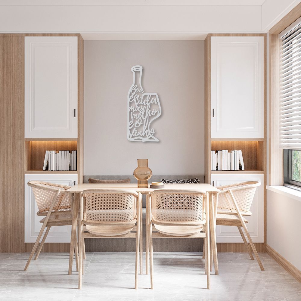 Quadro Escultura Garrafa e Taça de Vinho Frase 100x45 Cinza