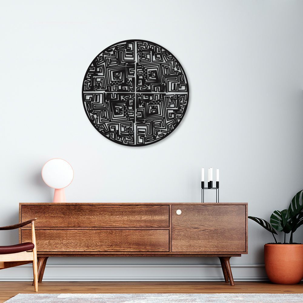 Quadro Escultura Mandala Abstrata 60x60 Preto