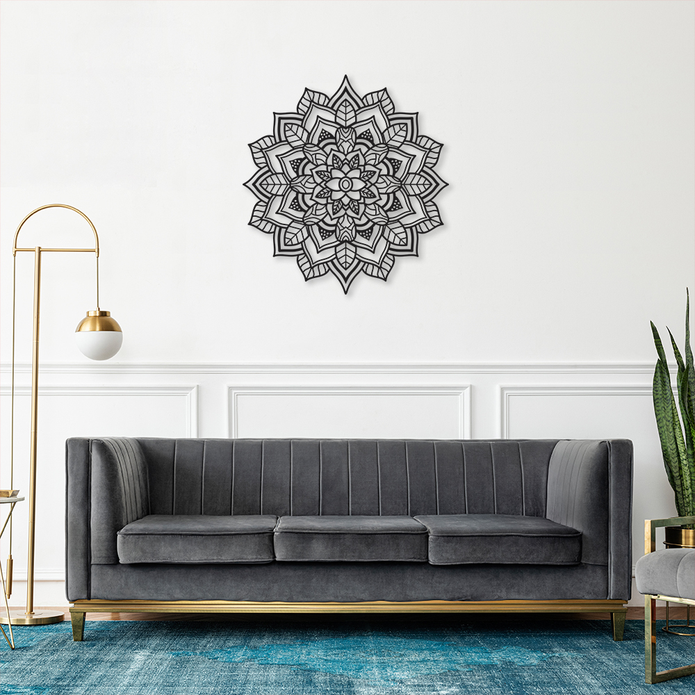 Quadro Escultura Mandala Floral Completa 60x56 Preto