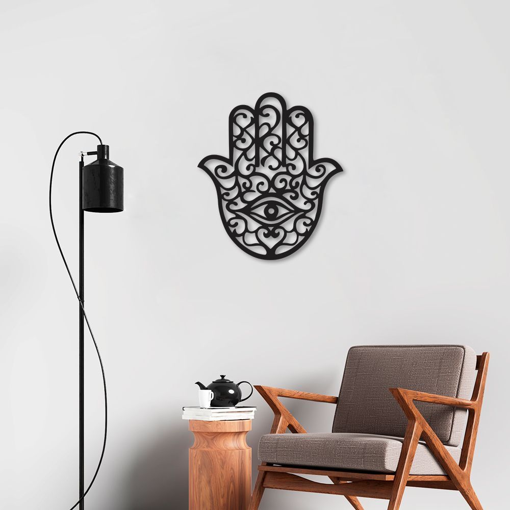 Quadro Escultura Mandala Mão de Hamsa Aramado 60x54 Preto