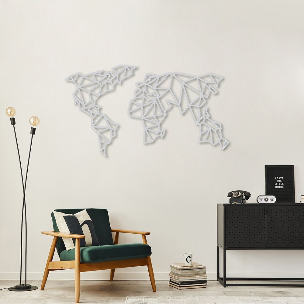 Quadro Escultura Mapa Mundi Poligonal 120x67 Cinza